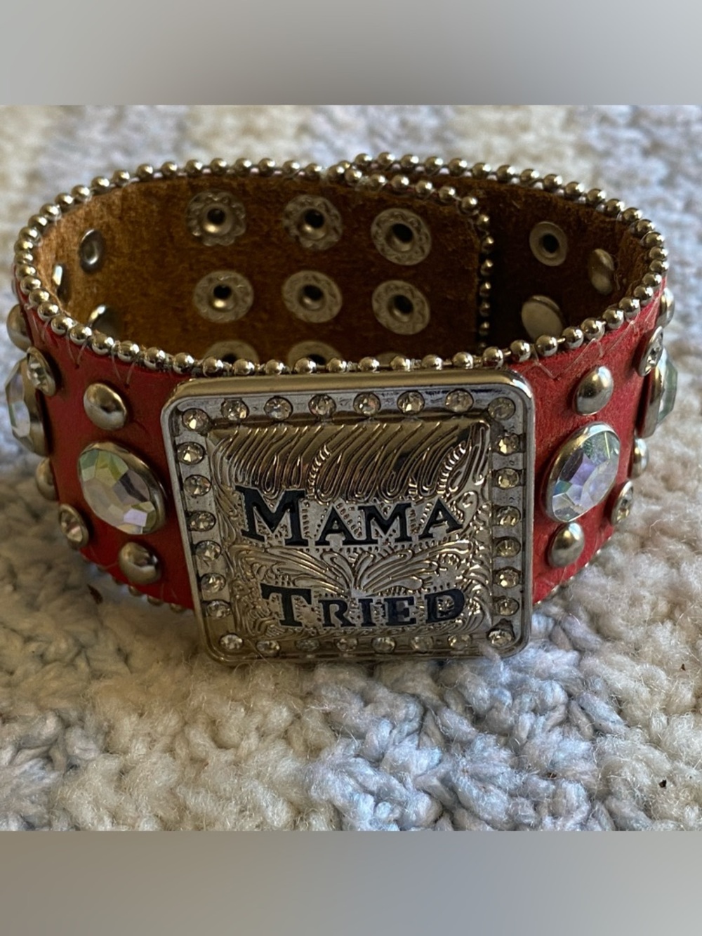 Square Concho w/ “Mama Tried” Cowgirl rhinestones red leather Cuff Bracelet